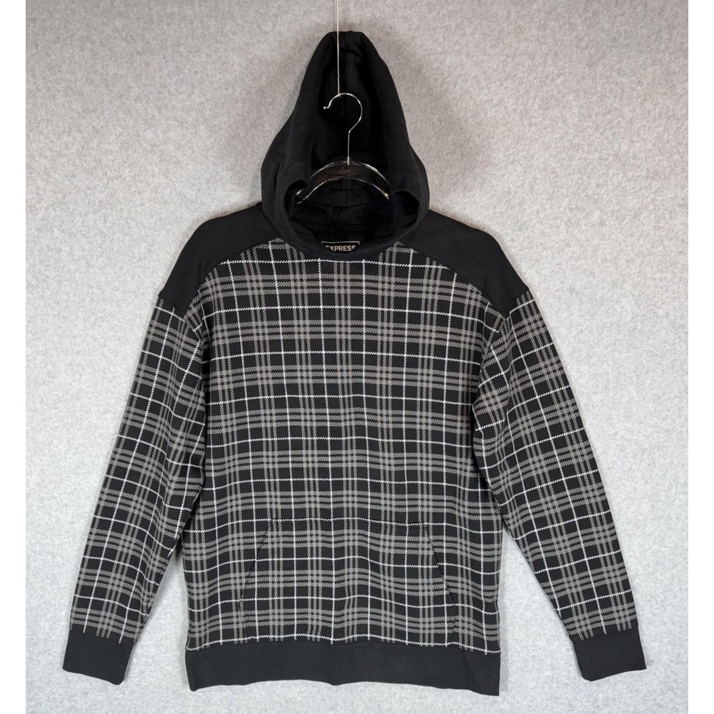 Express Hoodie Mens Small Black Gray Plaid Pullover Hooded Sweatshirt Casual